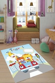 Resim Pelangi Mavi Sevimli Hayvanlar Desenli Kaymaz Taban Çocuk Odası Halısı, Mavi 80 x 150 