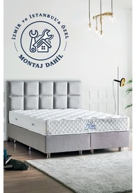 Resim Blue Pocket Yatak Seti Çift Kişilik 160x200 Üst Sınıf Paket Yaylı Yatak Lüks Metal Baza Keten Başlık 150 x 200 