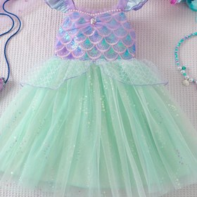 Resim Kız Çocuk Mor Omuz Askılı ve Fırfırlı Kollu Prenses Elbisesi - Payetli Deniz Kızı Kuyruğu, Nane Yeşili Tül Etek, İnci ve Değerli Taş Süslemeleri, Gösteriler, Partiler, İlkbahar/Yaz/Sonbahar için, Kız Çocuk Prenses Elbiseleri, Parti Kıyafetleri, Vintage Stil, Payet Süslemeleri 