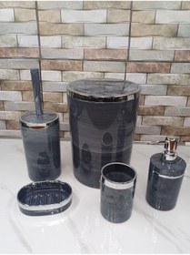 Resim İmera Akrilik Yuvarlak Banyo Seti Antrasit Gri Mermer Desen Gümüş Kromaj 5'li 