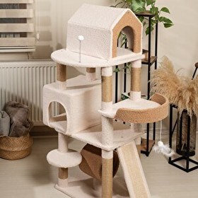 Resim Raikou - 3 Katlı Tırmalama Direği Yatak ve Oyuncaklı Bej-Kahverengi Karamel Kedi Ağacı 