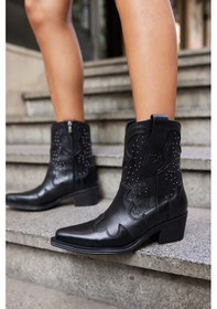 Resim Castella Kadın Siyah Gercek Deri Western Bot Siyah Deri 