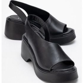 Resim Roy Siyah Cilt Hakiki Deri Kadın Dolgu Topuklu Sandalet Siyah Deri 