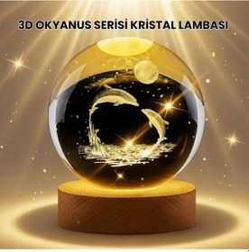 Resim Ilkeshop Lazer İşlemeli Yunus Kristal Küre Sıcak Işıklı Ahşap Standlı 