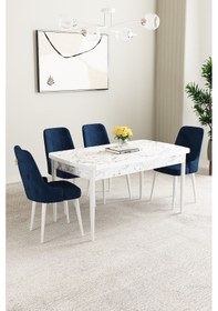 Resim Mabel Beyaz Mermer Desen 80x132 Açılabilir Yemek Odası Takımı 4 Adet Sandalye Lacivert 