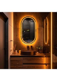 Resim Serava Amber Led'li Lazer Kumlamalı Lavabo & Banyo Aynası Dokunmatik Sensörlü 45 X 80 Cm Turuncu 