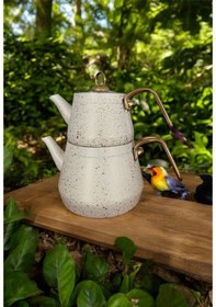 Resim Gökdil Granit Çaydanlık Takımı Gold Kulplu Krem Beyaz 