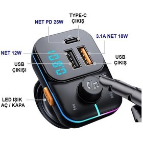 Resim 55w Hızlı Şarj Destekli Çift Usb + Type-c Çıkışlı Bluetooth Fm Modülatör Transmitter Mt9874 