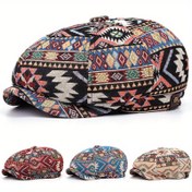 Resim 2025 Bahar ve Sonbahar Erkek Seyahat Sekizgen Şapka - Canlı Geometrik Desenlerle Ivy Sürüş Newsboy Şapkası, Siyah, Polyester, Elde Yıkanabilir, Açık Hava Başlığı | Canlı Desen Şapkası | Dayanıklı Başlık 