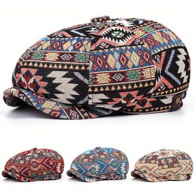 Resim 2025 Bahar ve Sonbahar Erkek Seyahat Sekizgen Şapka - Canlı Geometrik Desenlerle Ivy Sürüş Newsboy Şapkası, Siyah, Polyester, Elde Yıkanabilir, Açık Hava Başlığı | Canlı Desen Şapkası | Dayanıklı Başlık 