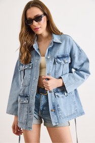 Resim Olalook Kadın Açık Mavi Kuşaklı 4 Cepli Denim Ceket CKT-19000503 