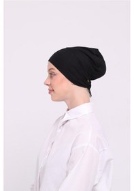 Resim Hürrem Bone Siyah Arkadan Bağlamalı Tesettür Bone Viskon Kumaş Dikişsiz Geçmeli Likralı İç Bone 3010 01 Siyah 