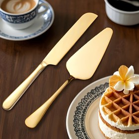 Resim 2'li Altın Renkli Tırtıklı Kenarlı Pasta Açma Seti, Düğün Pastası Kesme Seti - Bulaşık Makinesinde Yıkanabilir, Restoranlar, Evler, Mutfaklar, Oteller, Noel, Şükran Günü, Pizza için Uygun 