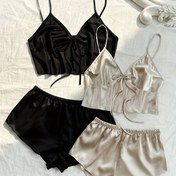 Resim 2 Takım Kadın Şık Düz Saten Pijama Takımı, Yay Bağcıklı Önü V Yaka Crop Cami Üst & Şort, Rahat Bol Kesim, Yazlık Gecelik 