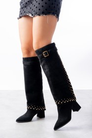 Resim SEEM Jennifer Trok Detaylı Tak Çıkar Western Topuklu Süet Siyah Çizme / Bot 