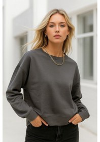 Resim Kadın Füme Pamuklu İnterlock Oversize Sweatshirt Füme 