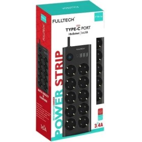 Resim Port Girişli Akım Korumalı 10'lu Priz, 3 Usb, 1 Type-C Giriş, Isıya Dayanıklı, Ftr-14 Grup Priz, Çoklu Uzatma Kablo (Siyah) 
