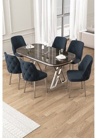 Resim Canisa Afe Serisi 90x168 Lak Panel Antrasit Ironi Krom Ayak Masa Takımı 6 Antrasit Sandalye Siyah Mermer Desen Masa Sandalyeler Antrasit 