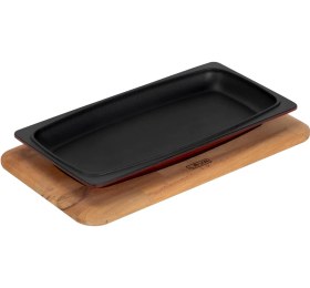 Resim Lava Döküm Dikdörtgen Servis Tabağı Ve Kayın Servis Ahşabı. Ölçü 30x15cm. Bordo 