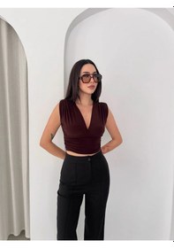 Resim Linum Kadın Vatkalı Kolsuz V Yaka Drapeli Crop Bluz Likralı Fit - Kahverengi Kahve 