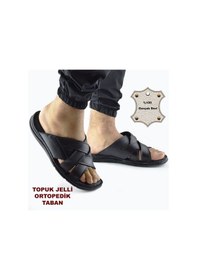 Resim Jel Taban 034 Günlük Tam Ortopedik Hakiki Deri Erkek Terlik Puff Taban Siyah 