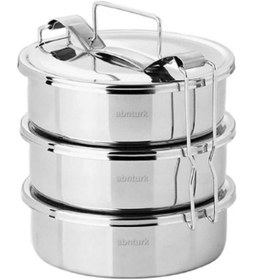 Resim abnturk 5-6 Kişilik Çelik Sefer Tası 18x7cm 3 Kaplı Isıtılabilir Yemek Taşıma Kabı 1330ml x3=4 LT Yaylı Kulp 