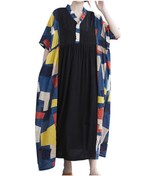 Resim Gajeena Kadınlar Vintage Pamuk Keten Elbise, V Yaka Kısa Kol, Çiçek Desenli, Yüksek Bel, Rahat Kesim, Siyah2 Tek Beden Siyah İki 