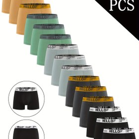 Resim 15 adet 'Merhaba' Baskılı Erkek Boxer Şortu, Yüksek Esneklik, Hızlı Kuruyan Spor Şortu, Erkeklerin Günlük Giyim ve Spor için Uygun, Çeşitli Etkinliklere ve Düğünlere Katılmak için Uygun, Rahat Nefes Alabilen Erkek İç Çamaşırı. 