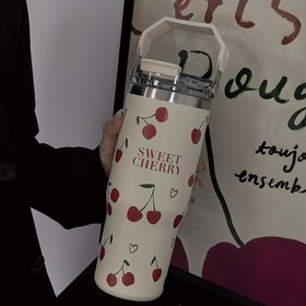 Resim Kiraz Aşk Kalbi 33.44oz Yalıtımlı Termos Bardak, Saman & Saplı - Paslanmaz Çelik, Yeniden Kullanılabilir, Seyahat, Spor Salonu, Dış Aktiviteler İçin Mükemmel - Çift İçme Ağzı, İdeal Tatil Hediyesi 