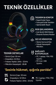 Resim Polygold PG-6972 Mikrofonlu RGB Oyuncu Kulaklığı 