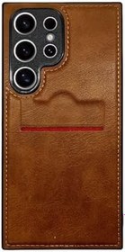 Resim Samsung Galaxy S25 Ultra Deri Telefon Kılıfı, Kartlıklı, Açık Kahverengi 