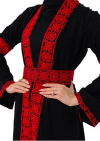 Resim Zaytoon Tesettür Kaban Filistin Nakışlı Kırmızı Siyah Kısa Kaban Abaya Kadın 