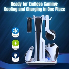 Resim TNP Products PS5 Slim ve PS5 Konsolu için Soğutma Standı - Playstation 5 Slim Disk ve Dijital Edition için 4 Hız Modu Dikey Soğutma İstasyonu, PS5 Slim ve PS5, PSVR2 Kontrolörleri için Çoklu Şarj Yuvası 