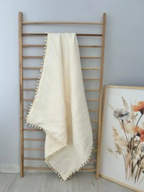 Resim %100 Pamuk Çift Katlı Battaniye Krem Ponpon 90x90 Krem 