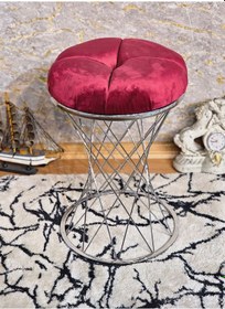 Resim Zafir Yuvarlak Krom Kaplama Bordo Puf Oturak - Bench - Ayak Ucu Oturak - Tabure - Makyaj Oturak Bordo 