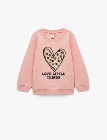 Resim Kız Bebek Pamuklu Uzun Kollu Bisiklet Yaka Kalp Baskılı Şardonlu Sweatshirt 