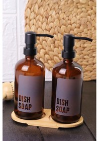 Resim 2'li Amber Cam Sıvı Sabunluk Seti Standlı Gri Etiketli 