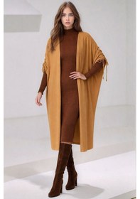 Resim Kadın Tesettüre Uygun Midi Boy Yarasa Kol Omuzdan Bağlamalı Triko Curve Uyumlu Kuşaksız Hırka Ceket VIZON 