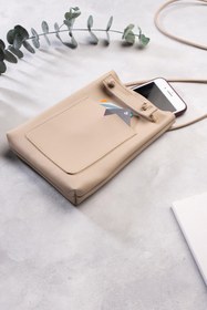 Resim DK LEATHER Kadın Krem Bej Küçük Cepli Omuz Askılı Çapraz Kadın Çantası, Minimal Telefon Çantası 