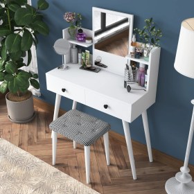 Resim Rani BJ102 Makyaj Masası 2 Çekmeceli Raflı Aynalı Takı Düzenleyici + Tabure Takım Beyaz 