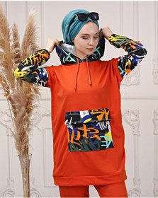 Resim CNG MODA Kadın Kolu Baskılı Kapşonlu Şık Renk Detaylı Eşofman Takımı 