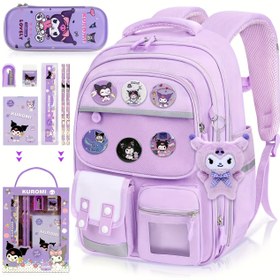 Resim Sanrio için for kuromi büyük kapasiteli mor sırt çantası, 50 yapışkanlı, for kuromi kolye aksesuarları için, 6 rozet, kalemlik ve kırtasiye seti, dış mekan seyahatleri için uygun, çizgi film okul çantası 