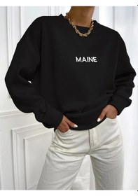 Resim Kadın Maın Baskılı Oversize Bisiklet Yaka Sweatshirt Siyah Siyah 