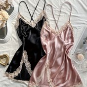 Resim 2 adet Dantel Detaylı V-Neck Saten Gecelikleri - Siyah ve Blush, Ruched Detaylı Strapless Uyku Giyimleri, Yetişkin Tüm Mevsimler Pijama, Gece Giyim Temelleri|Ruched Kumaş|Strapless Tasarım 