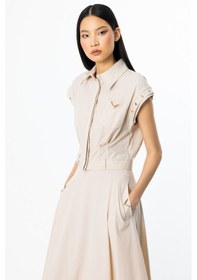Resim On Minimalist Crop Gömlek - Kısa Kol Gömlek Yaka Günlük Bej 