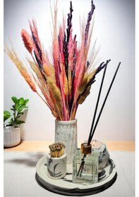 Resim Mermer Desenli Yuvarlak Tepsili Vazo Seti-kibritlik-tealıghtlık-vazo-oda Kokusu Beyaz - Siyah 