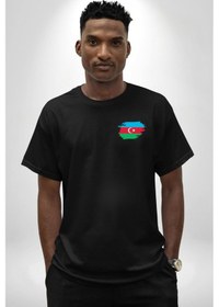 Resim Azerbeycan Bayrağı Siyah Oversize Unisex Ön Sol Yan Minimal Baskılı Tişört Koyu Siyah 