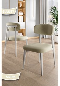 Resim Canisa Laos Serisi 6 Adet Krem Mutfak Sandalyesi Beyaz Metal İskeletli 1. Sınıf Babyface Kumaş Krem Sandalye Ayaklar Beyaz 