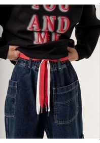 Resim Zekids Kız Çocuk Beli Lastikli Renkli Kemerli Bol Paça Tasarım Kot Pantolon-14769 Lacivert 
