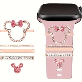 Resim Beş Parçalı Disney Mickey Mouse Kayış Süsleri Seti - Şık Pembe Taşlı ve Dekoratif, Sevgililer Günü, Noel, Cadılar Bayramı, Paskalya, Anneler Günü, Babalar Günü, Mezuniyet, Yeni Yıl, Doğum Günü Hediyeleri için Mükemmel, Büyüleyici Taşlı Saat Aksesuarları 